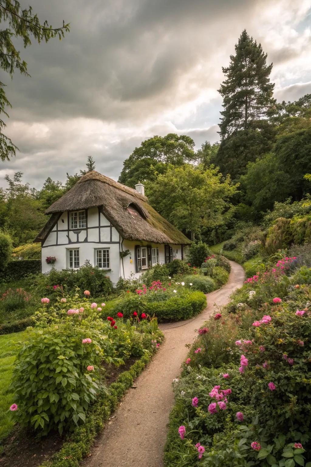 A flourishing garden surrounds this charming cottage.