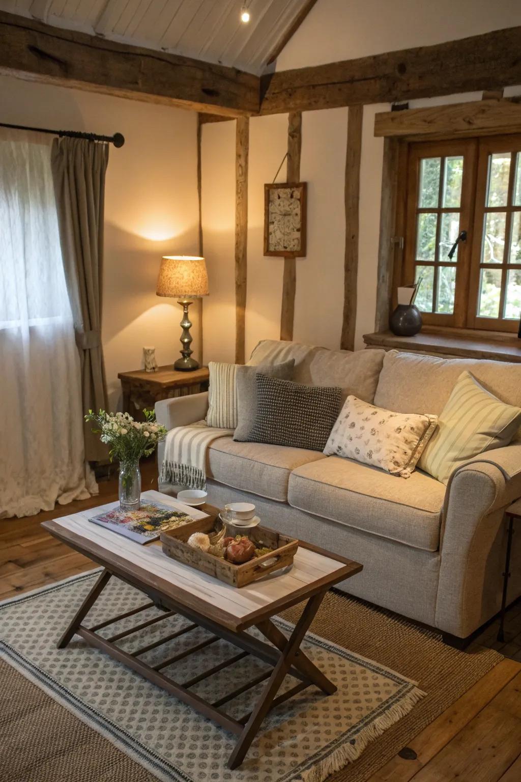 Streamlined furnishings boost area effectiveness in the core of this cottage living space.