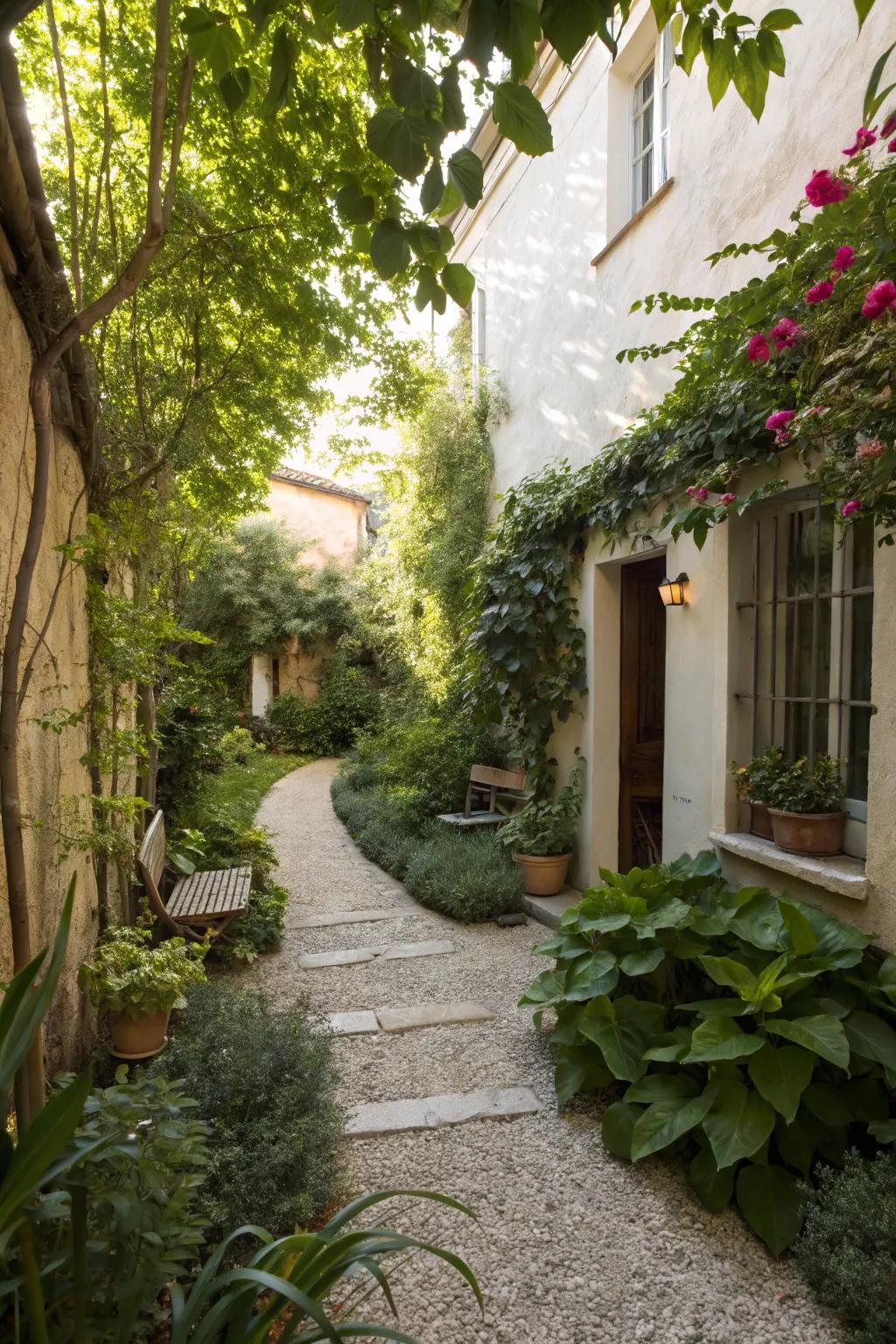 Gravel walkways add natural appeal to courtyards.