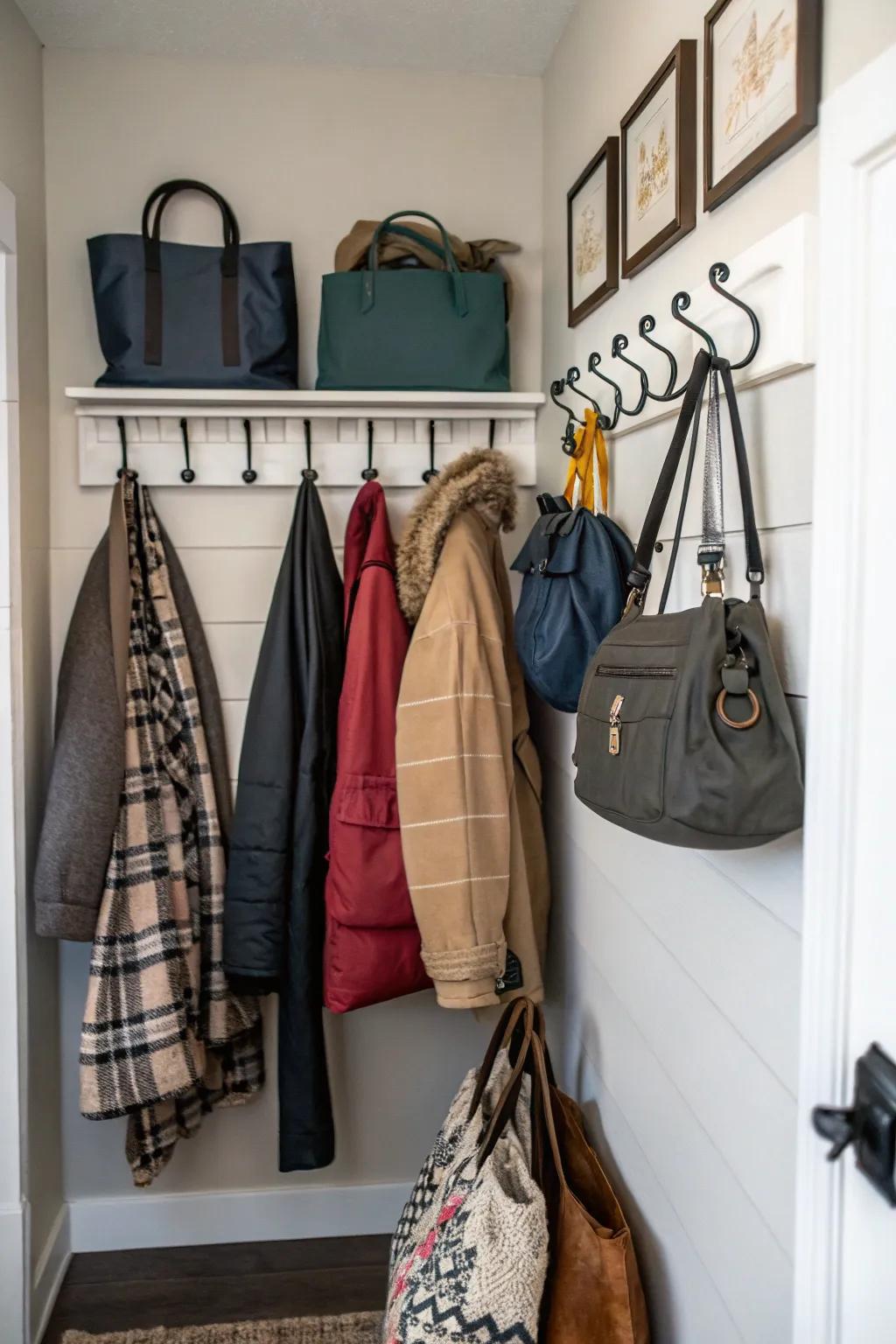 A well-organized array of wall hangers keeps must-haves reachable.