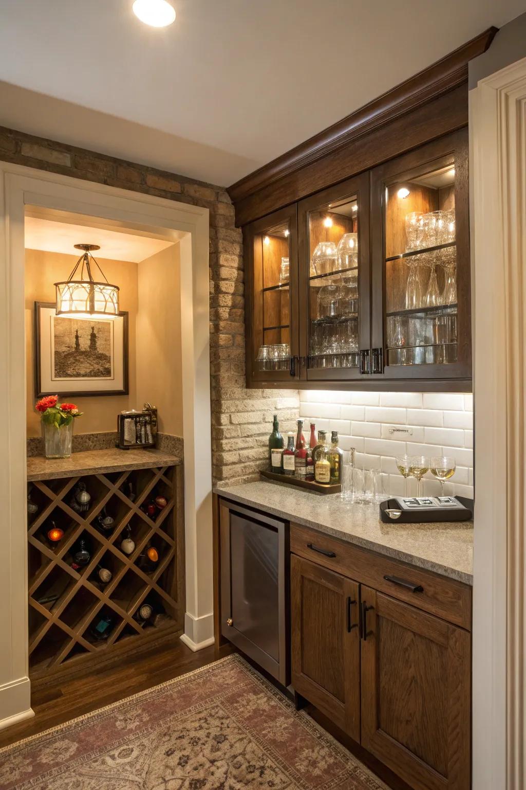 A snug alcove corner as a dry bar.