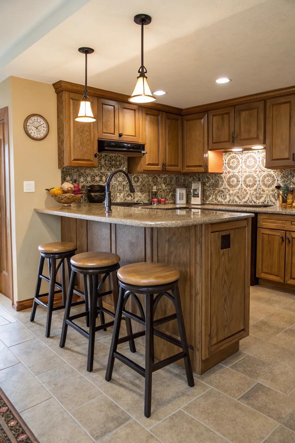 Bar seating adds a modern touch to small kitchens.