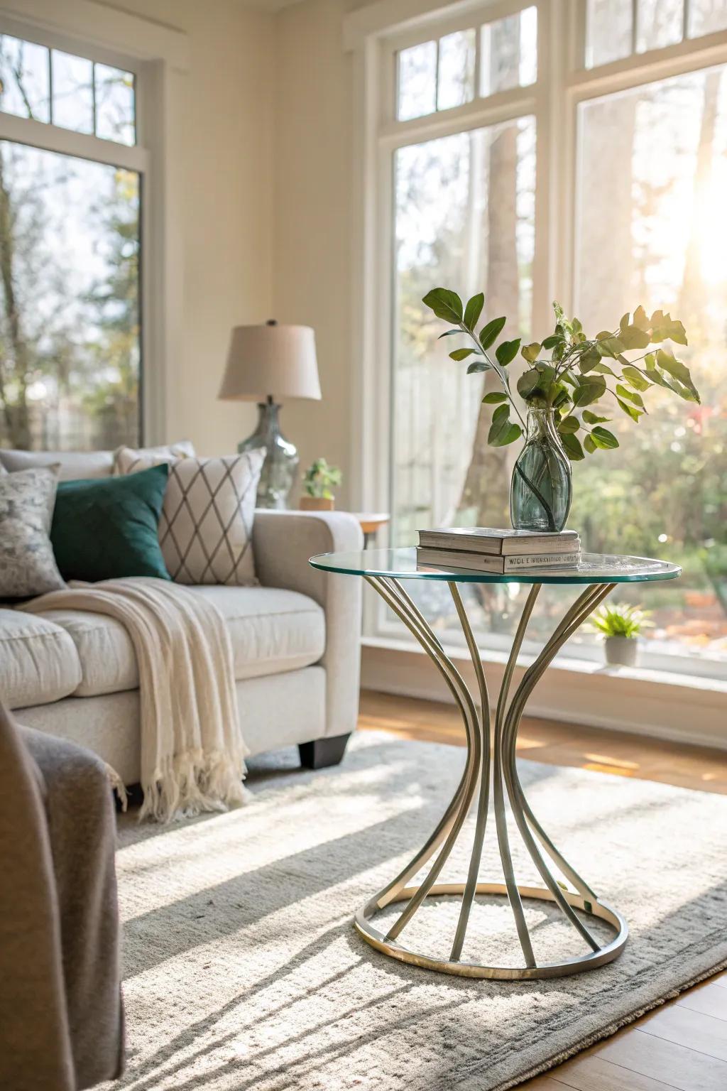 A glass end table amplifies the open feel of a living room.
