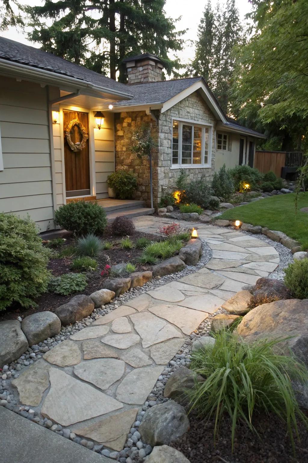 Stone walkways and rock borders supply both design and functionality.