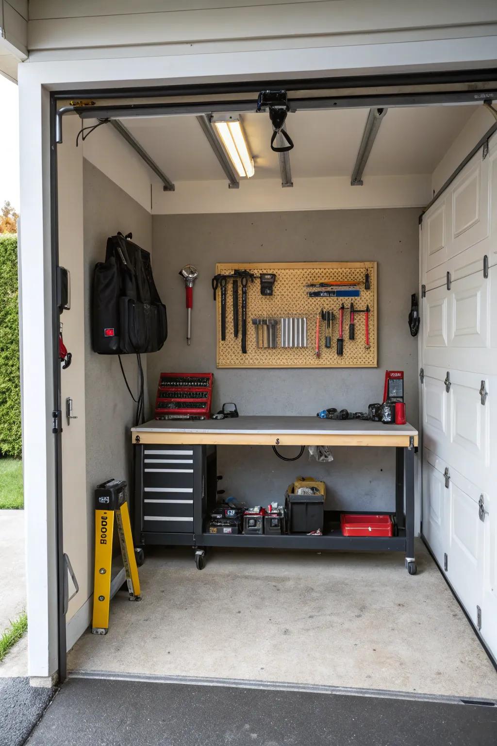A small-scale workbench delivers practicality and efficiency in a limited area.