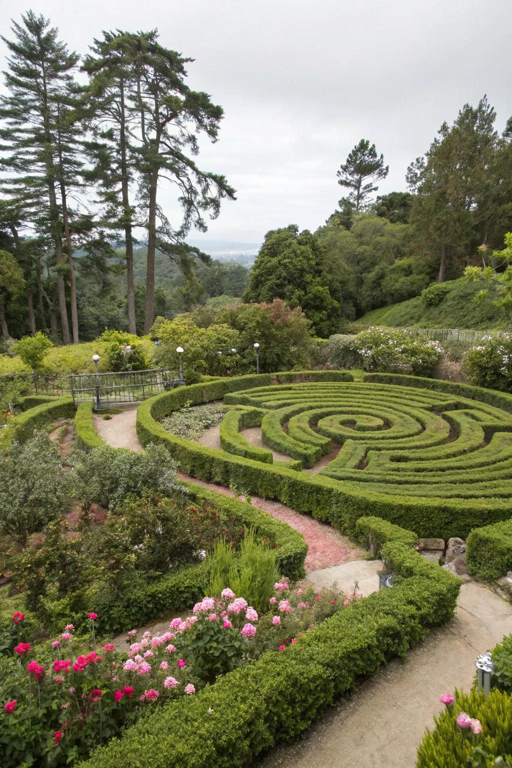 A detailed round maze configuration maximizing space in a small garden.