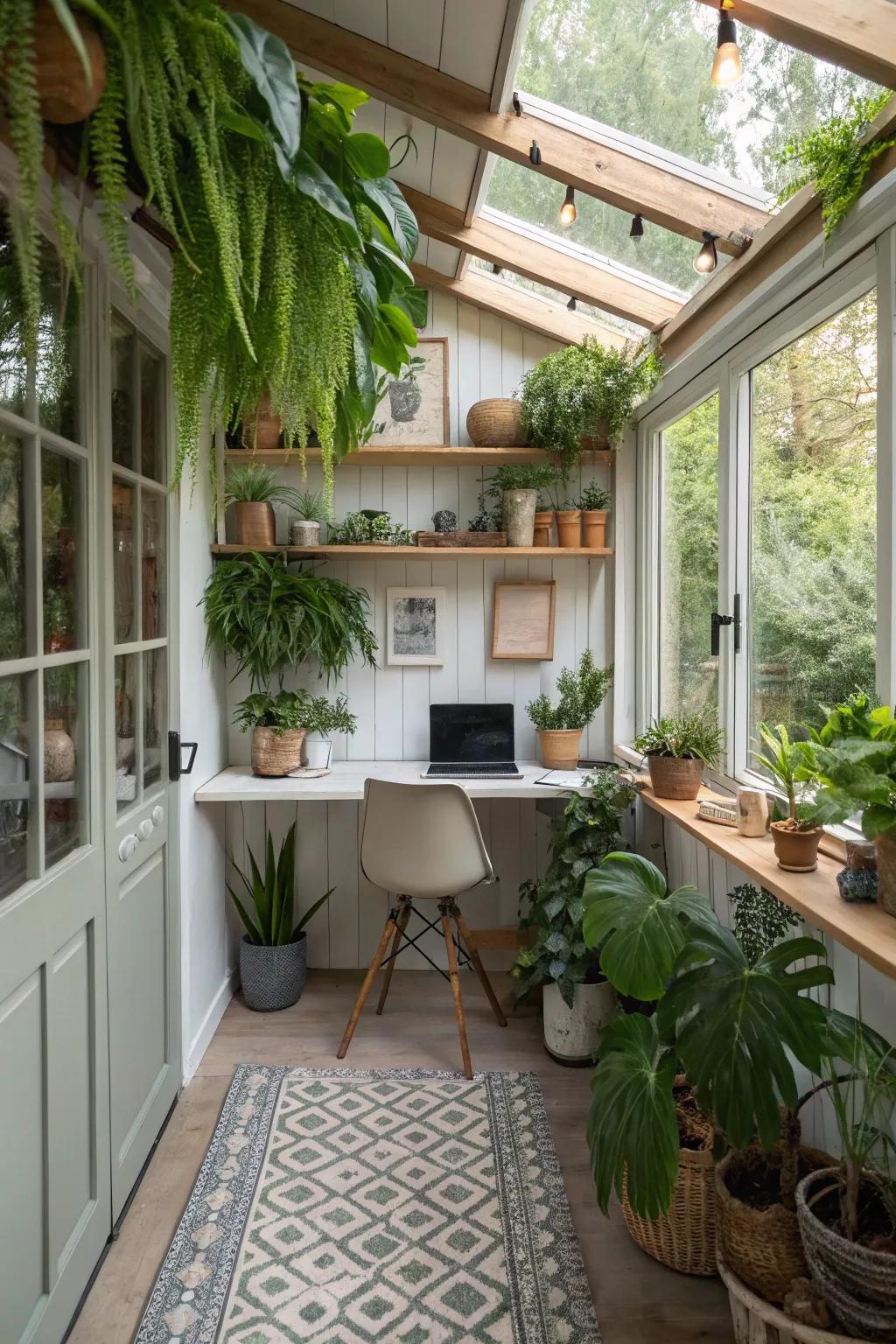 Indoor plants enriching the garden office vibe.
