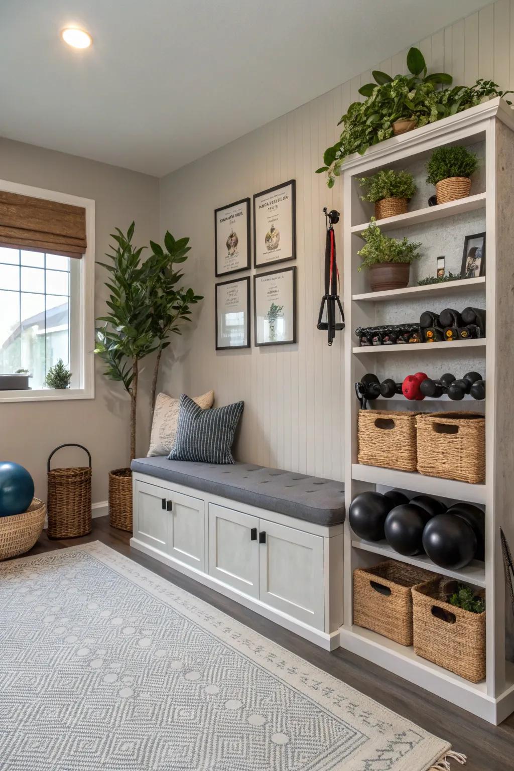Multi-functional furniture makes the most of the space in your home gym.