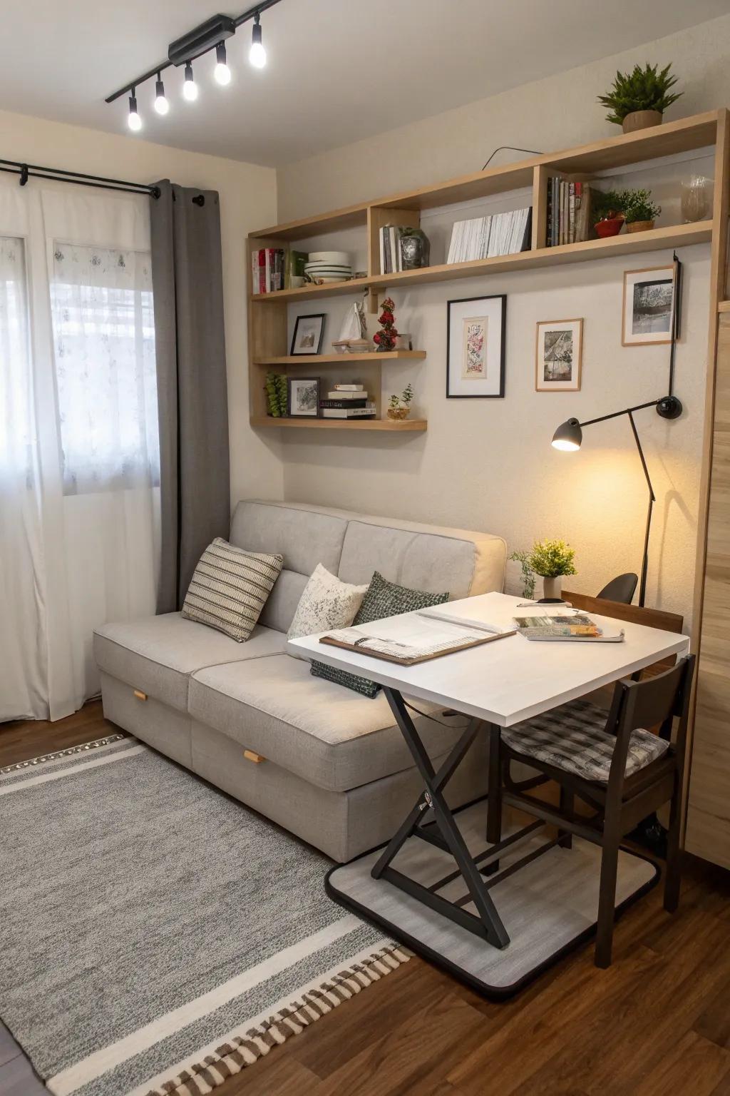 Versatile furniture conserves space and enhances functionality.