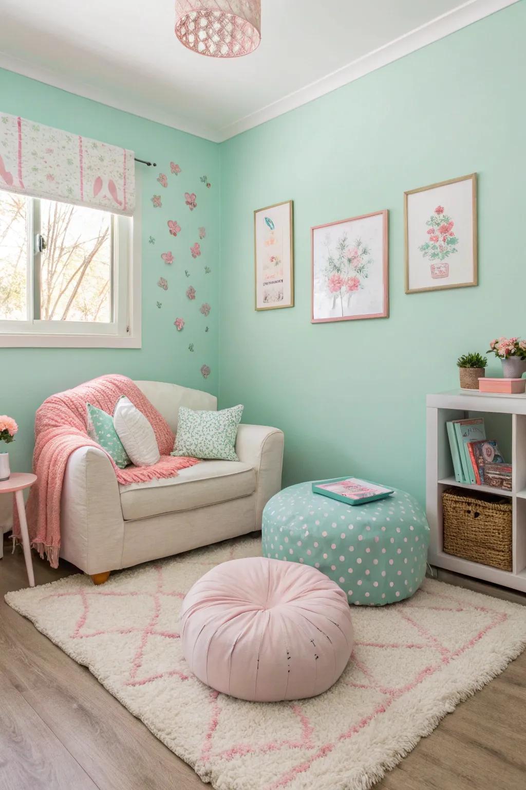 A small living room using mint shaded walls with subtle highlights.