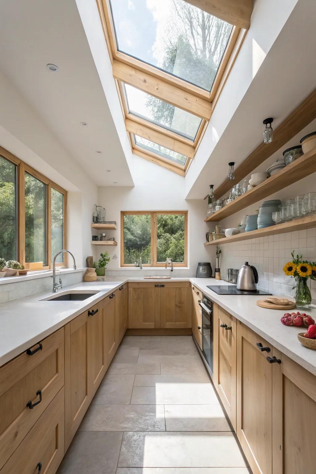 Overhead windows brighten small kitchens and enhance their spaciousness.