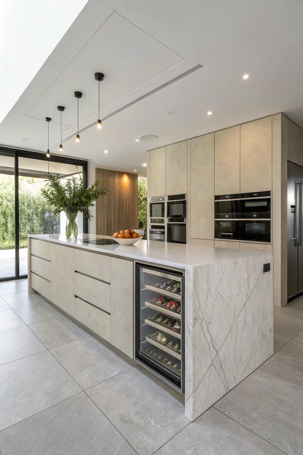 An uncluttered island featuring concealed storage for a sleek aesthetic.