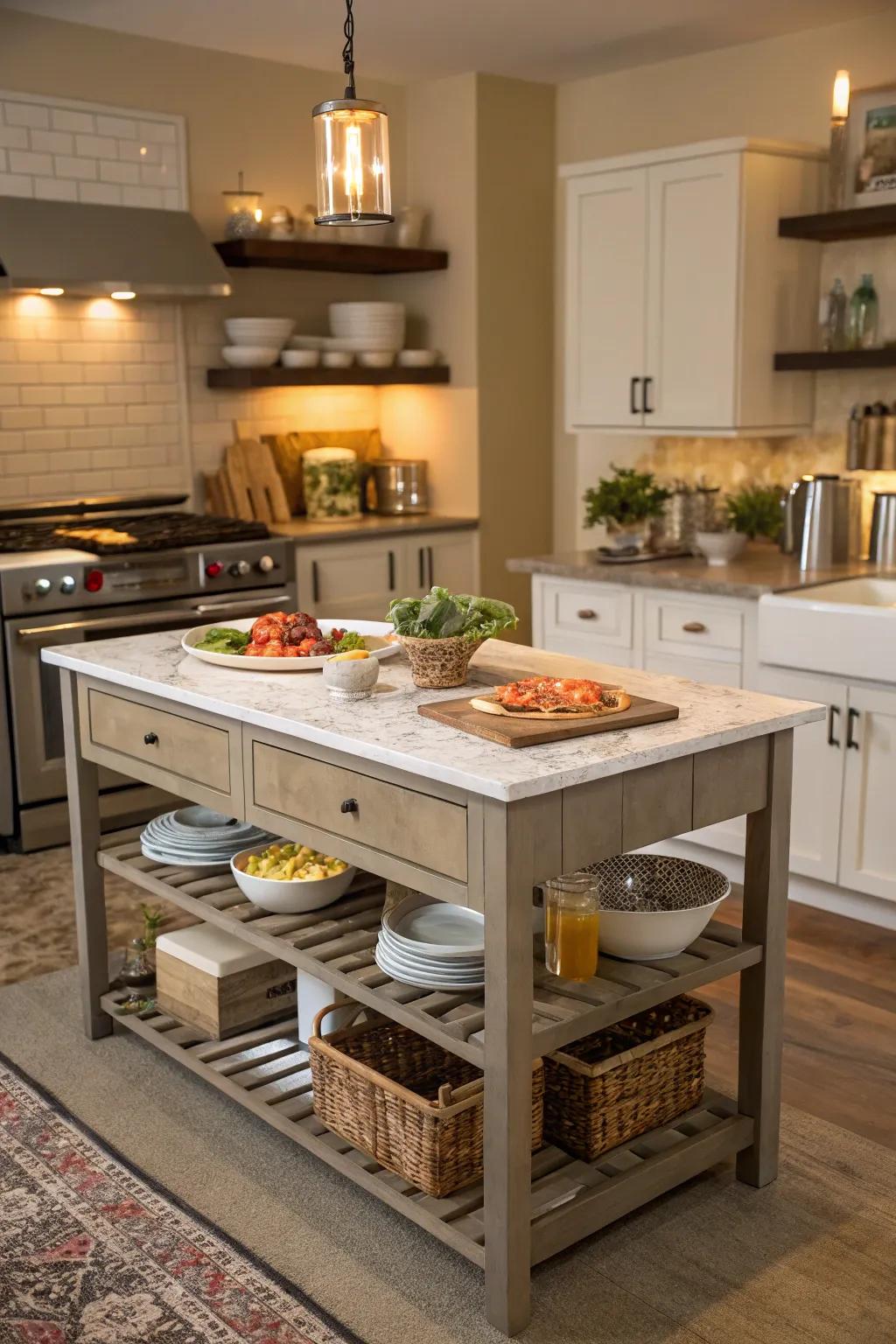 An island can fulfill multiple roles in a small kitchen.