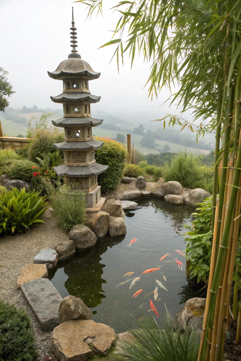 A serene Japanese-inspired koi haven with zen elements.