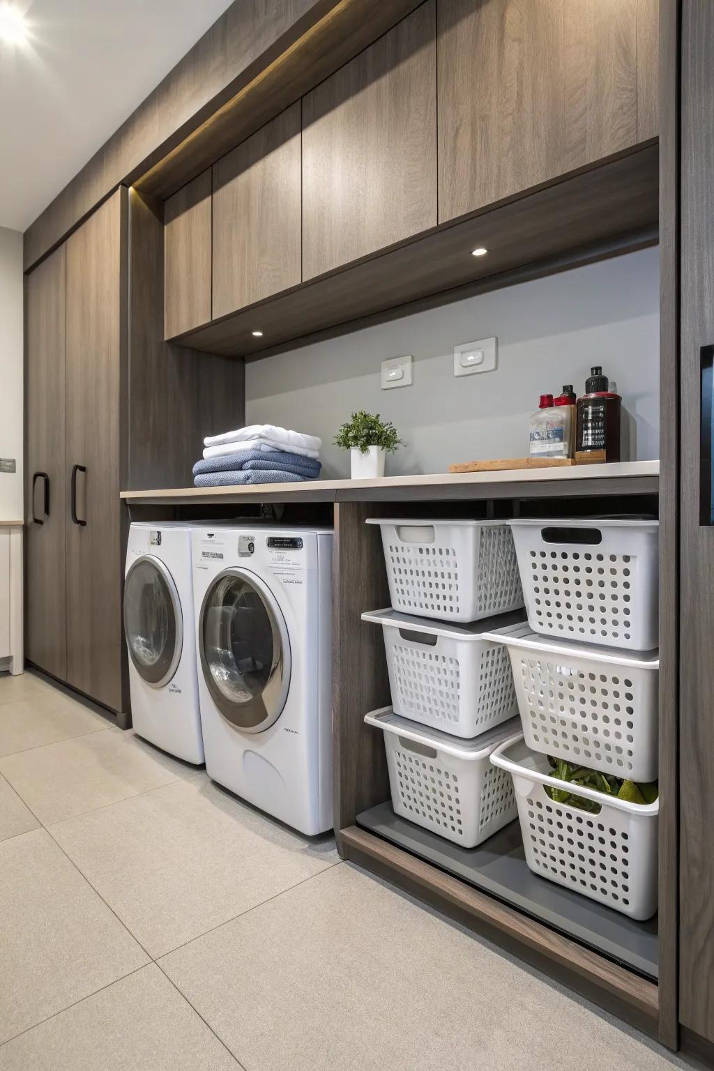 With pull-out laundry baskets, keeping your utility area tidy is easy.