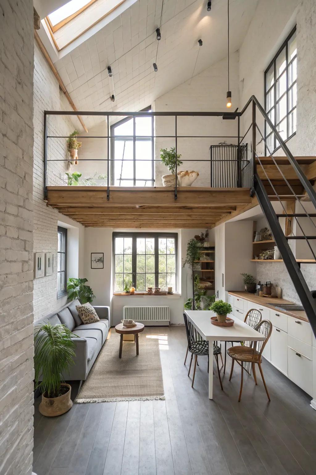 Open concept loft design provides a spacious impression.