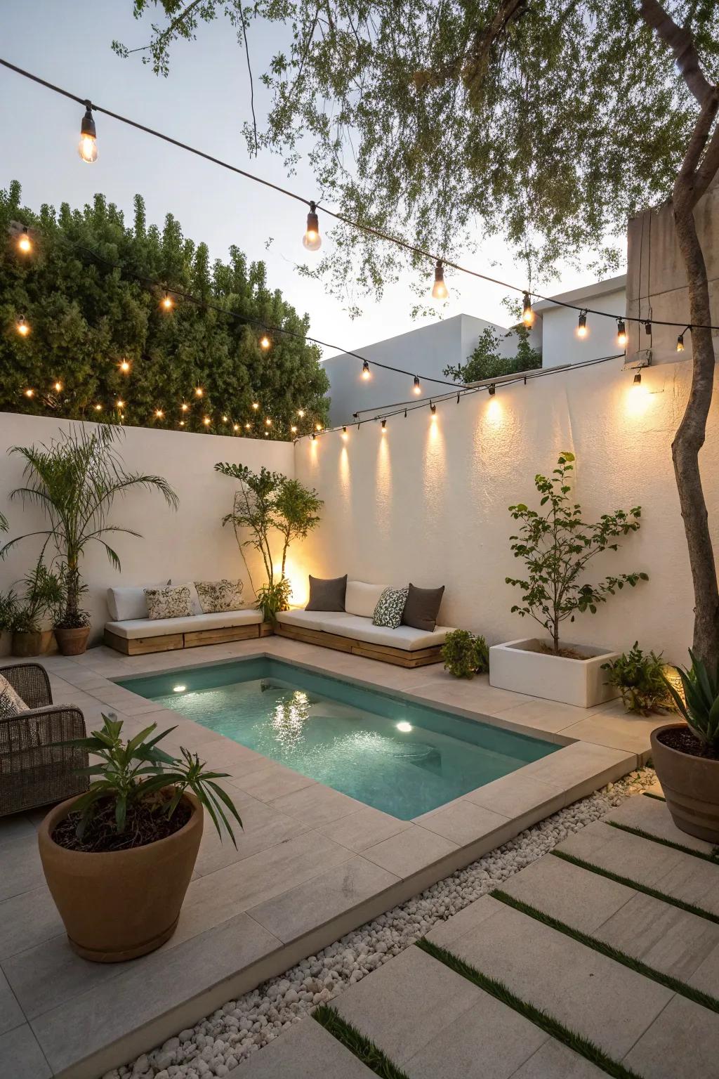 Comfortable integrated seating enhancing the pool experience.