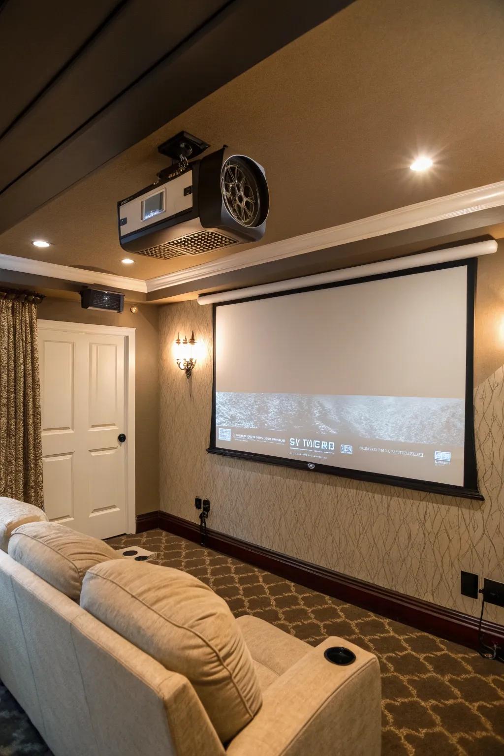 Sleek and clutter-free with a projector mounted on the wall.