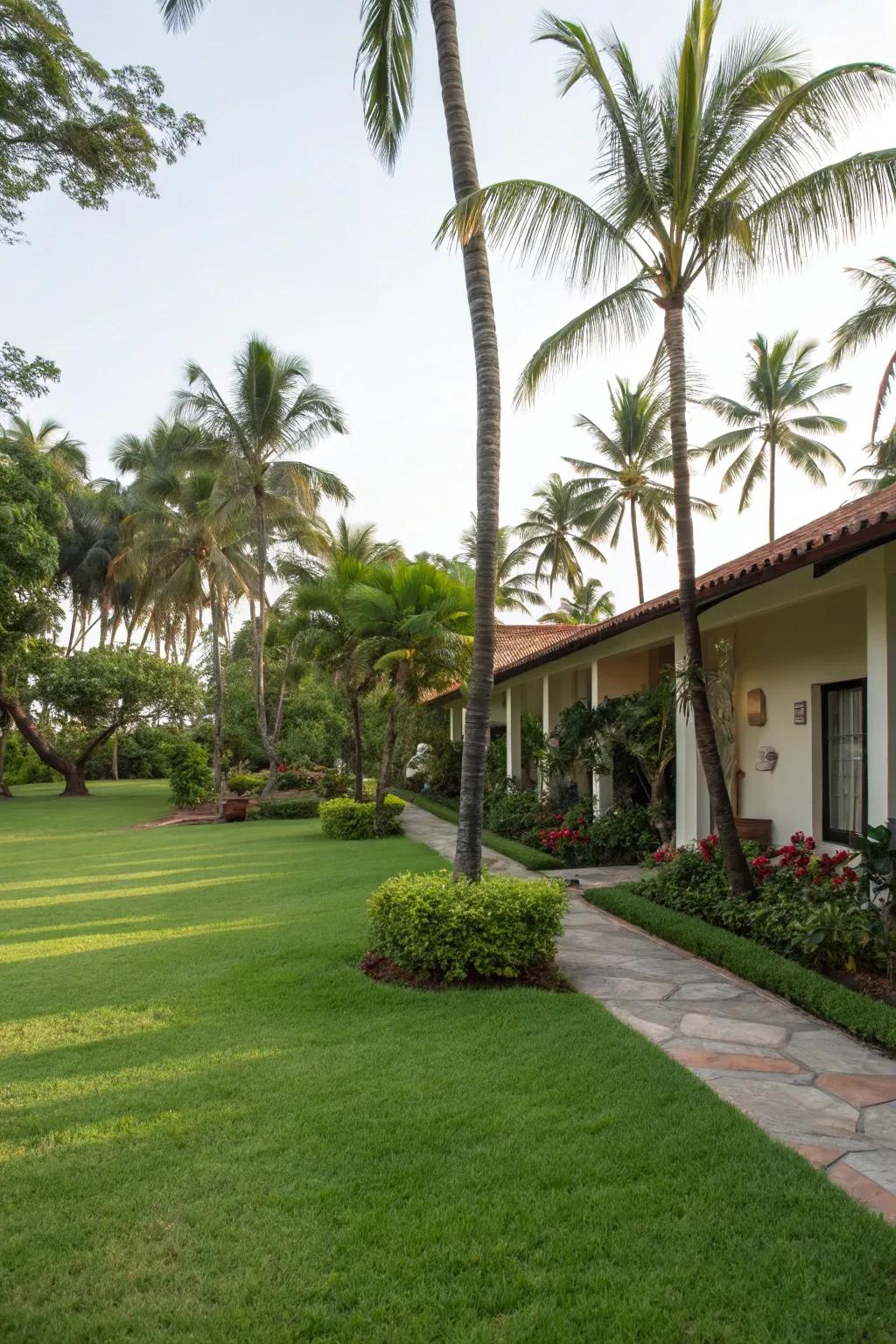 A wide lawn complemented by palms offers a mix of open space and verdant beauty.