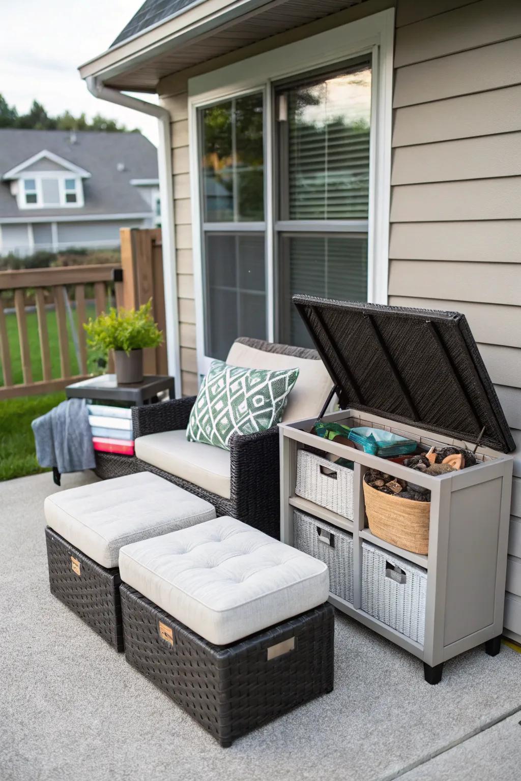 A small patio showcasing multi-functional furniture for optimal use.