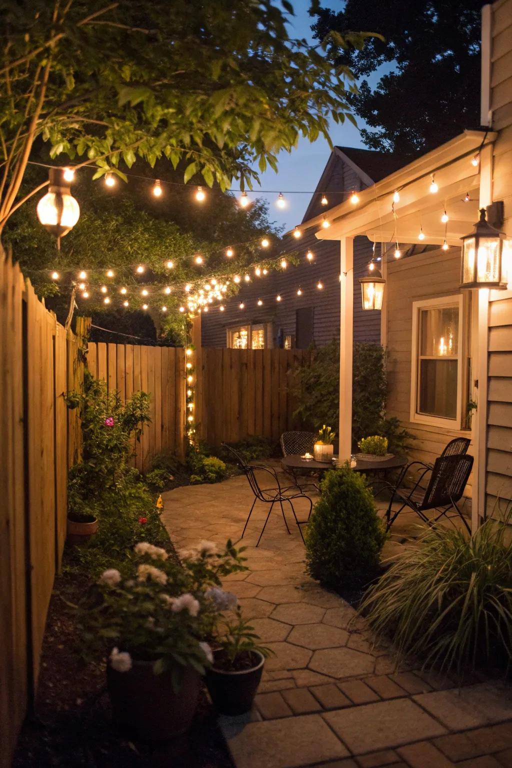String lights offer a magical feel to a patio in the evening.
