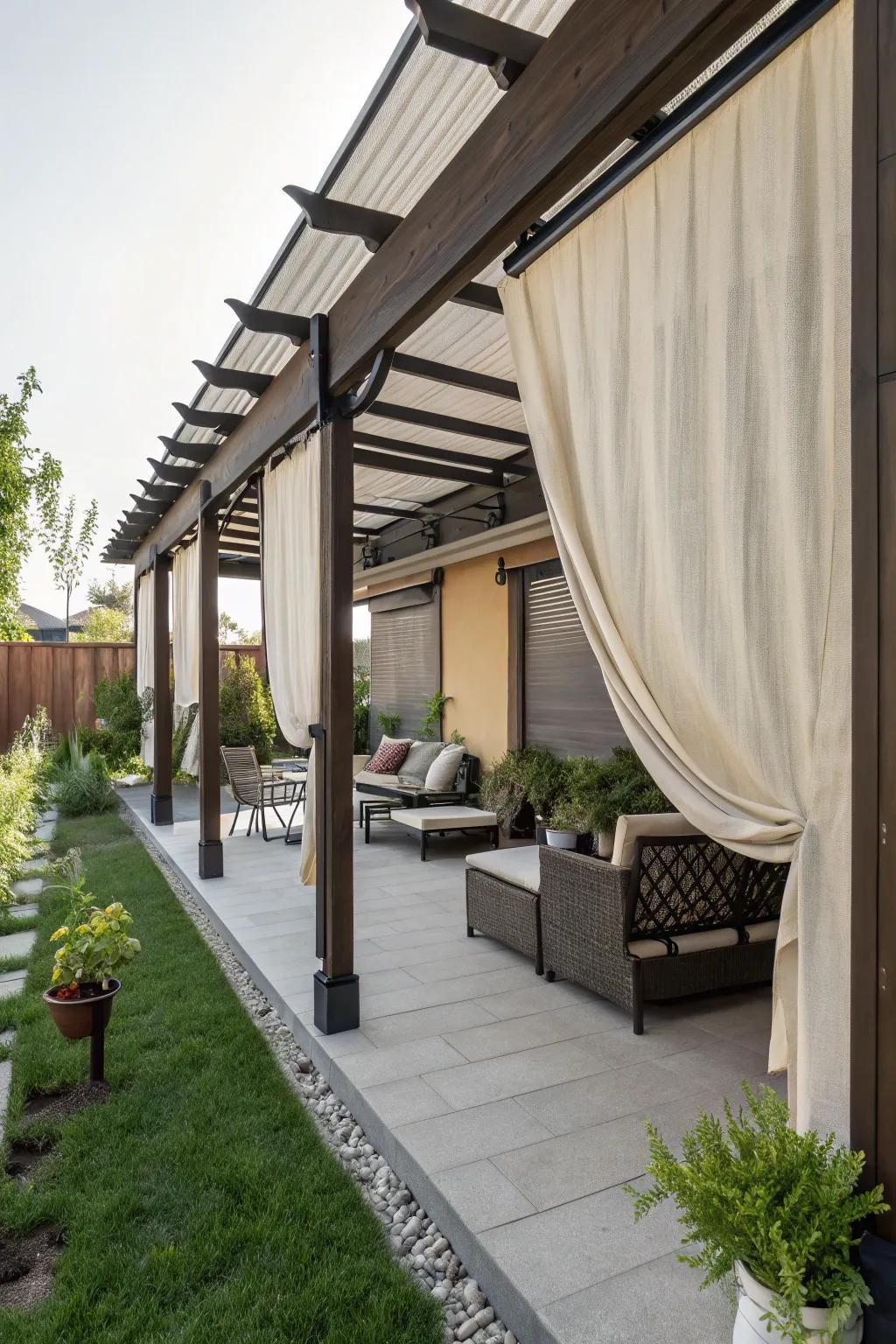Sliding fabric awnings give a small pergola style and adaptability.