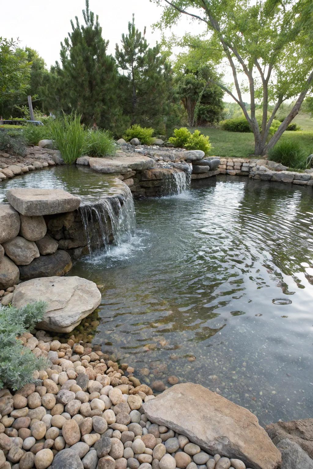 A mini water spout introduces calming sounds and motion to a quaint pond.