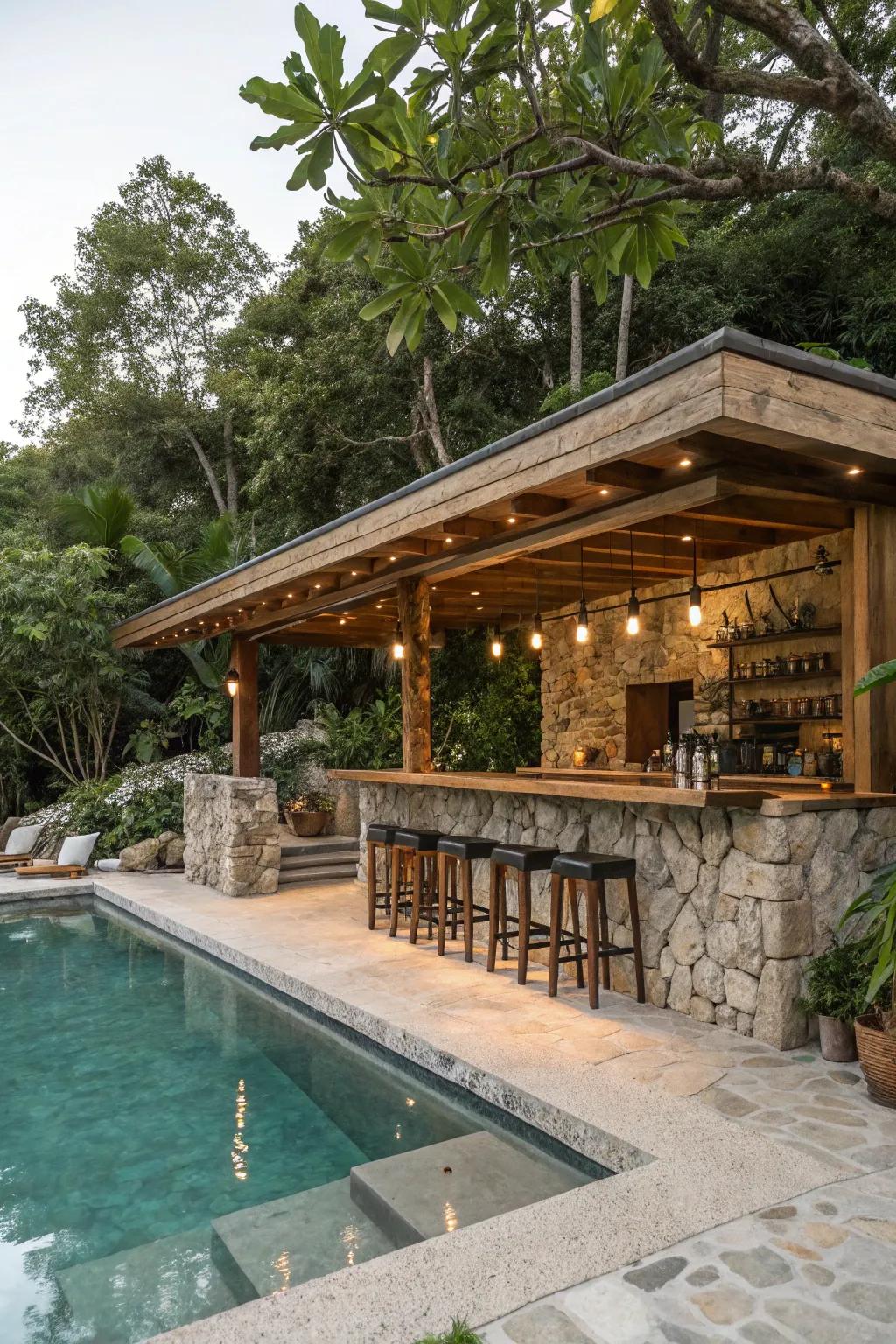 Natural materials such as stone and wood give a bit of down-to-earth beauty to poolside bars.