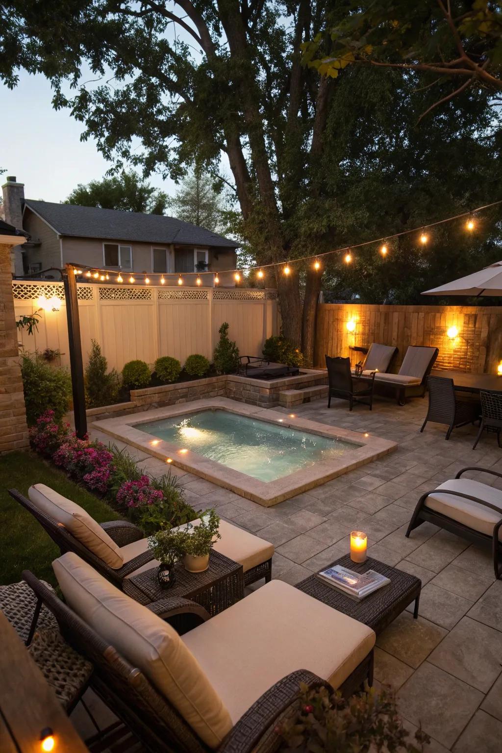 A small-scale hydrotherapy pool provides a peaceful getaway in a limited space.