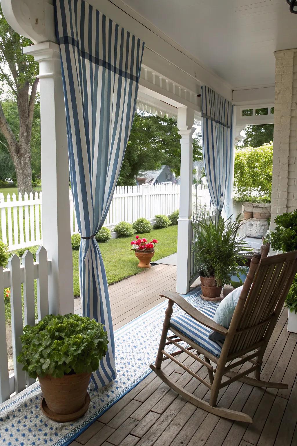 Line fabrics create a timeless and airy feel on your porch.