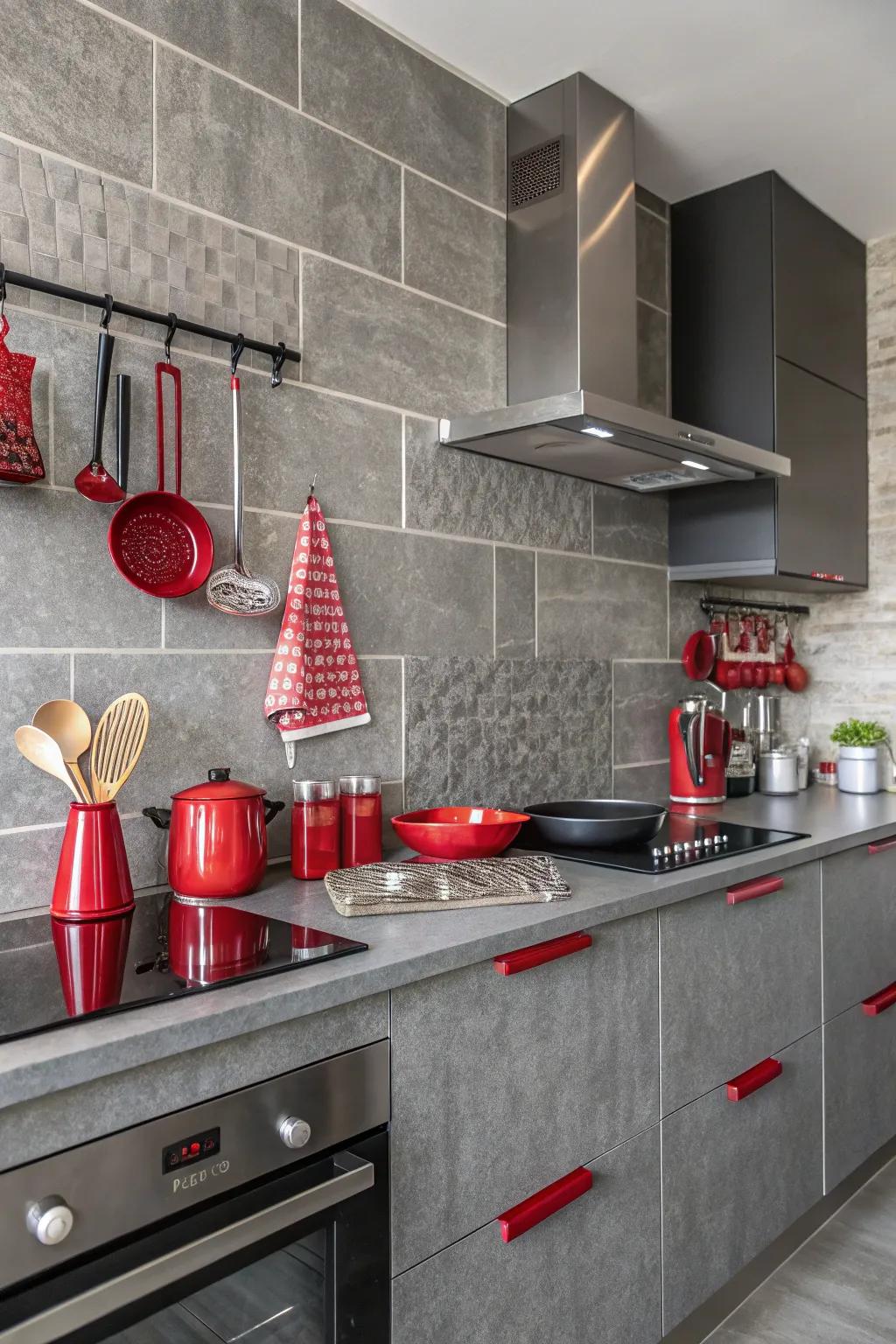 A neutral grey backsplash balances vibrant red kitchen accents.