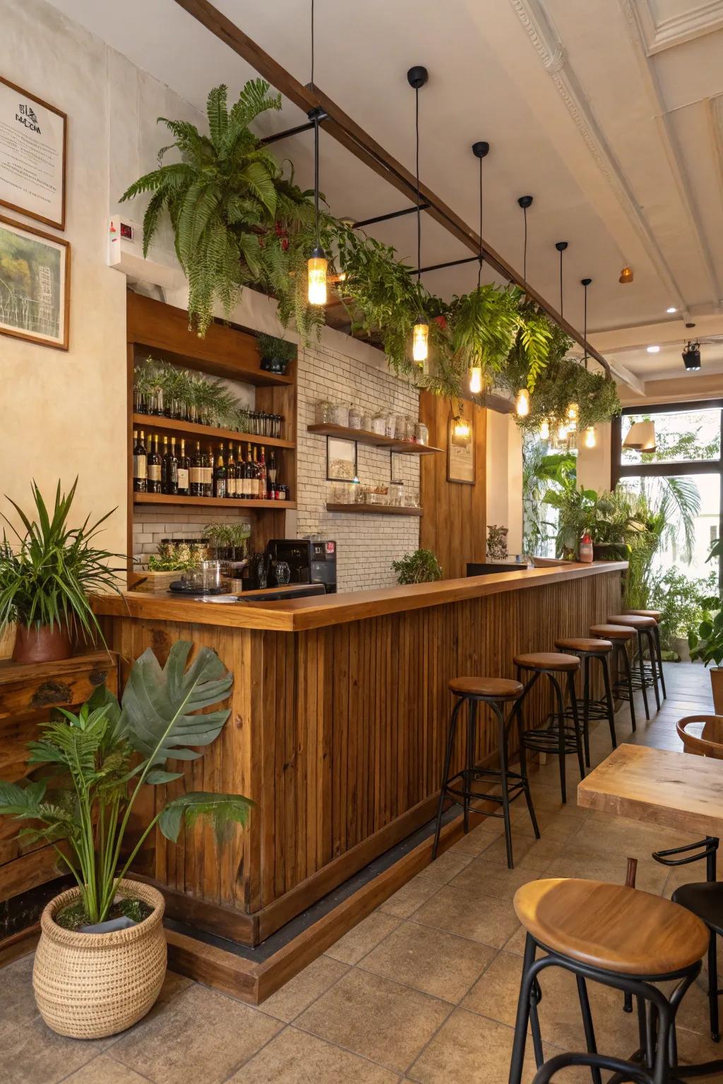 Natural aspects such as timber features and flora enrich a small restaurant bar.