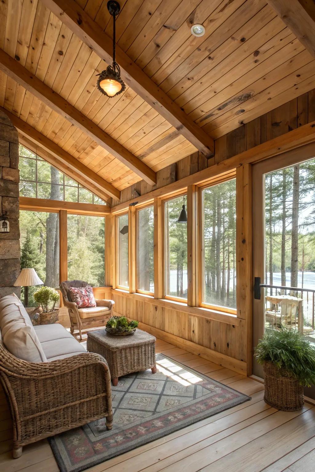 Unprocessed wood accents create an inviting and warm atmosphere in a country-style sunroom.