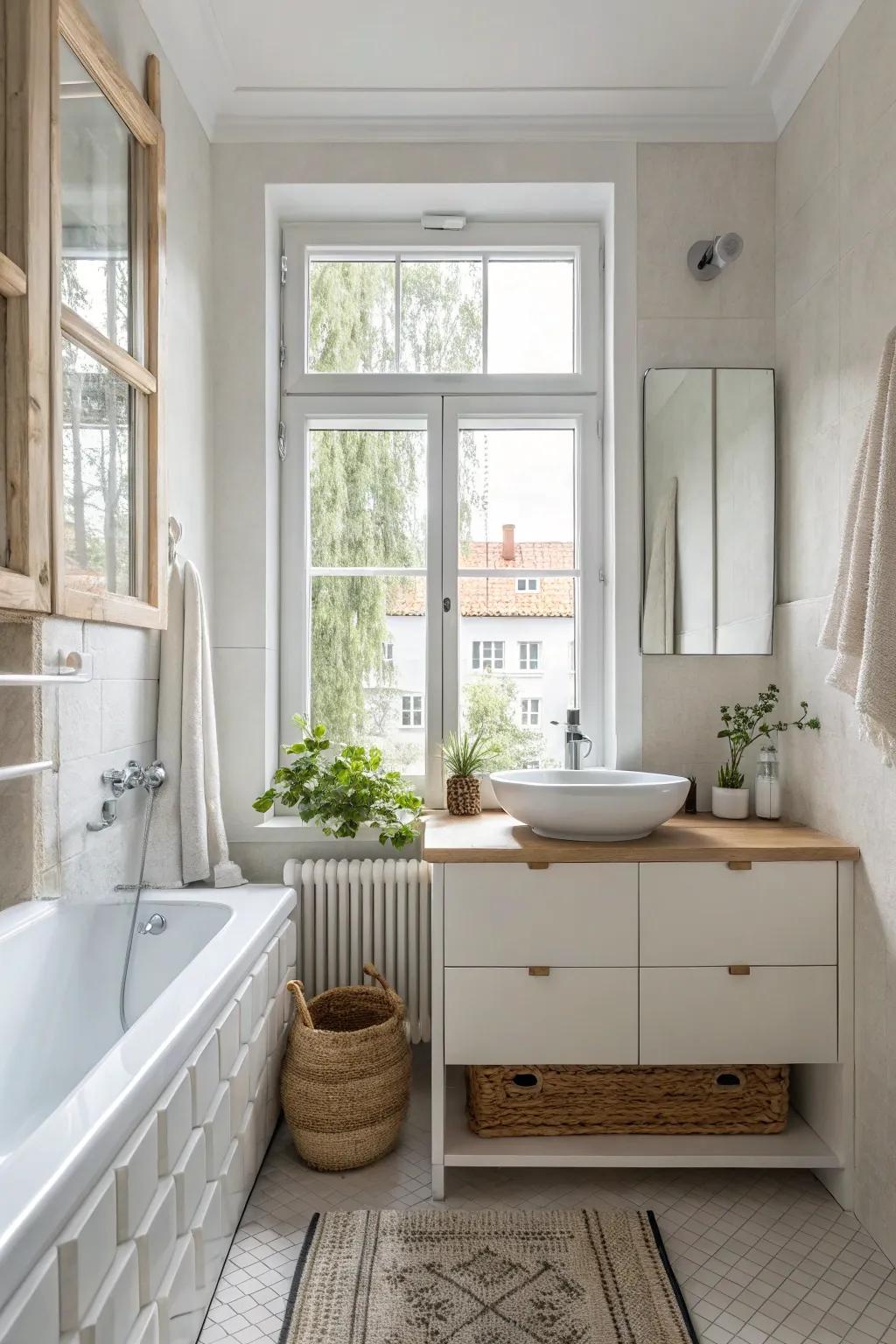 Abundant natural light enhances the perception of space within a small bathroom.