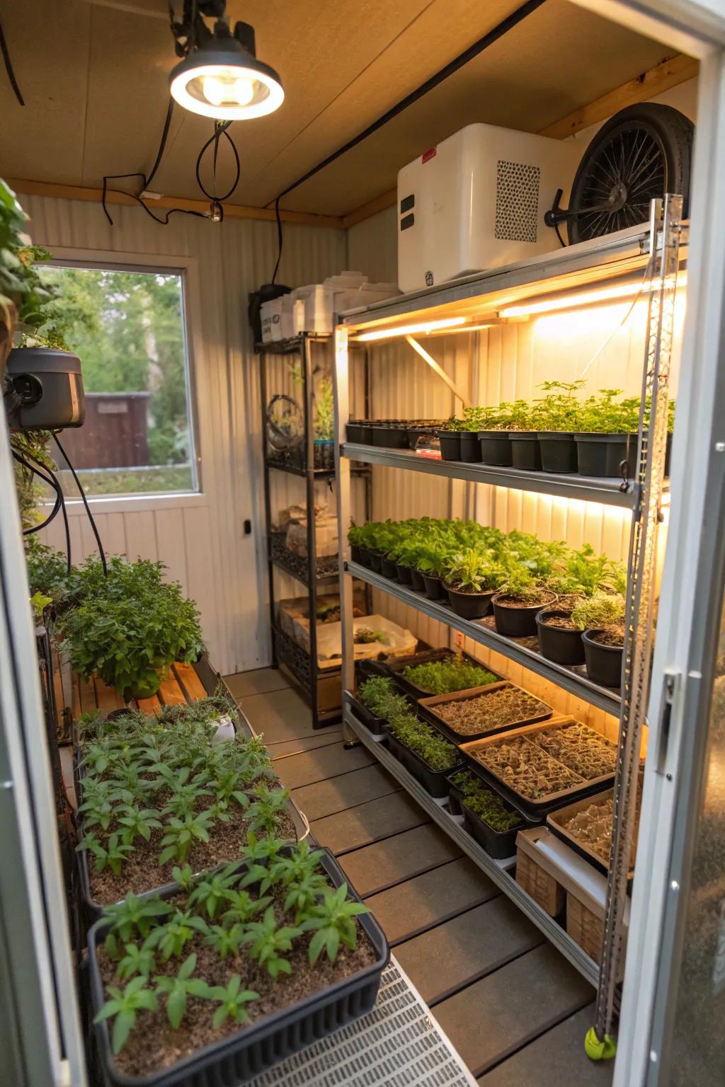 A lively compact greenhouse inside a small shed.