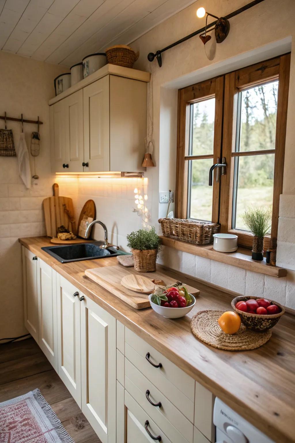 Timber countertops bring a cozy vibe to a compact cooking space.