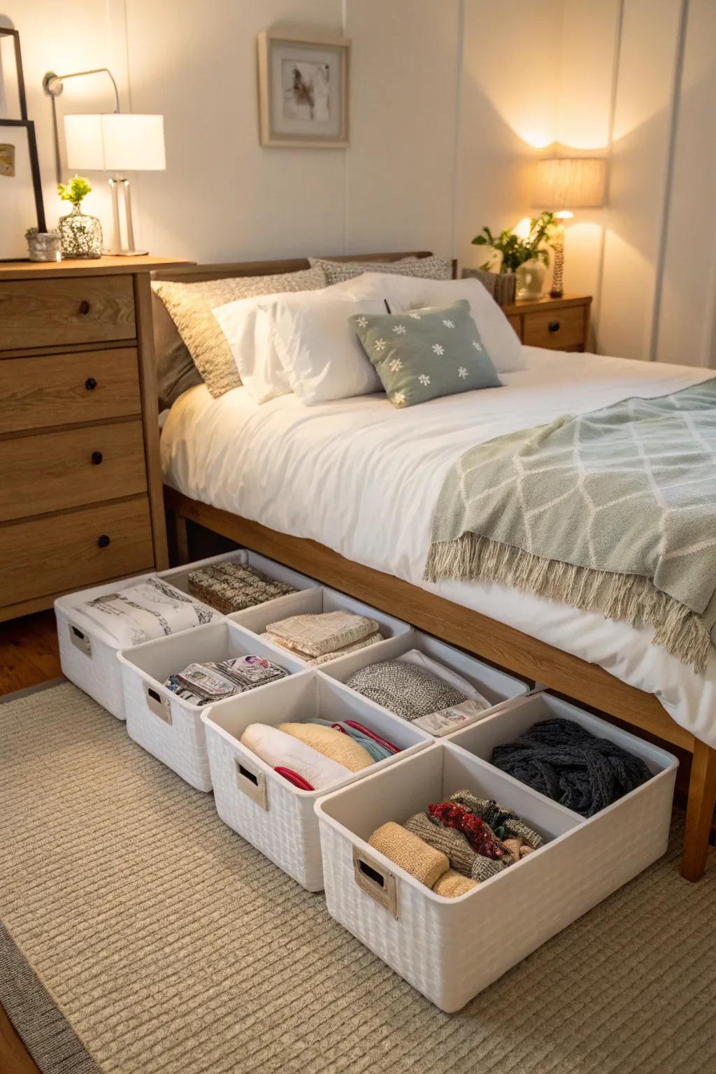 Tidy storage bins neatly arranged under a bed in a fashionable bedroom.