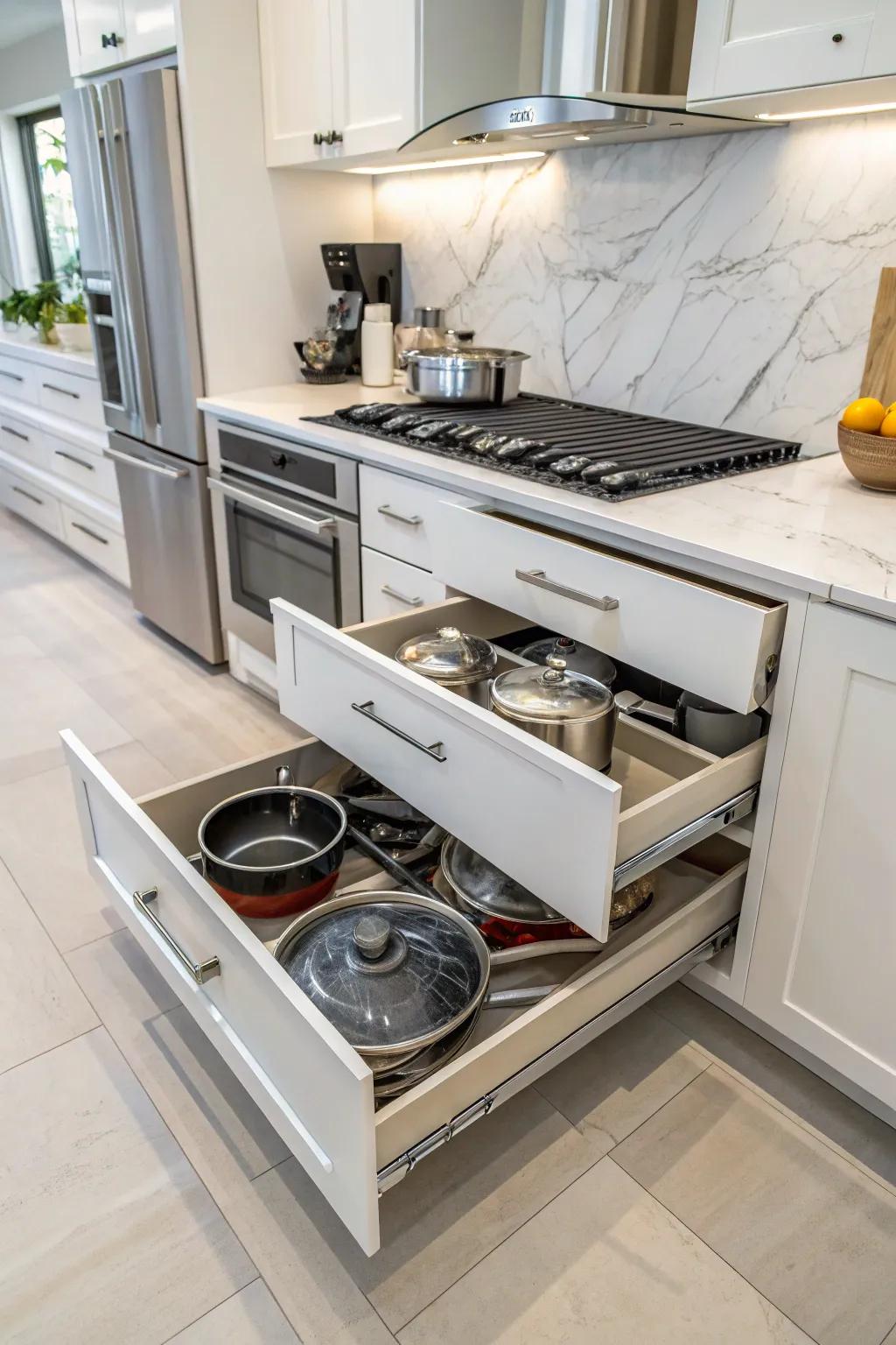 Pull-out drawers ensure kitchen necessities are always well-organized.