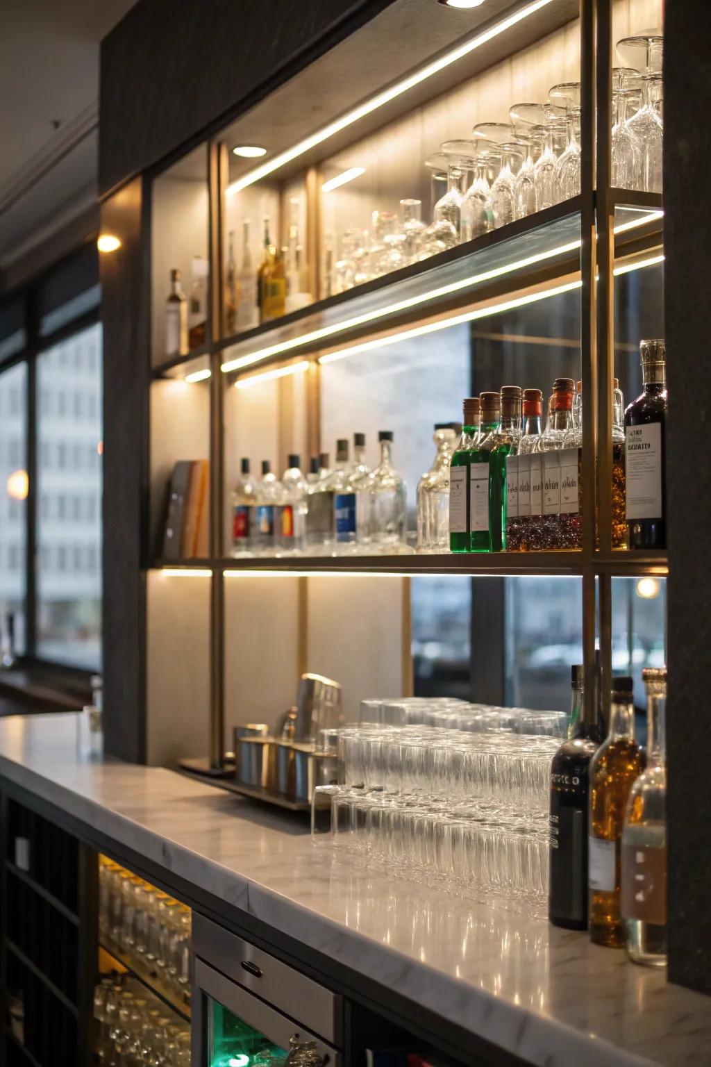 Exposed shelving in a small wet bar makes bottles and glasses easily noticeable.