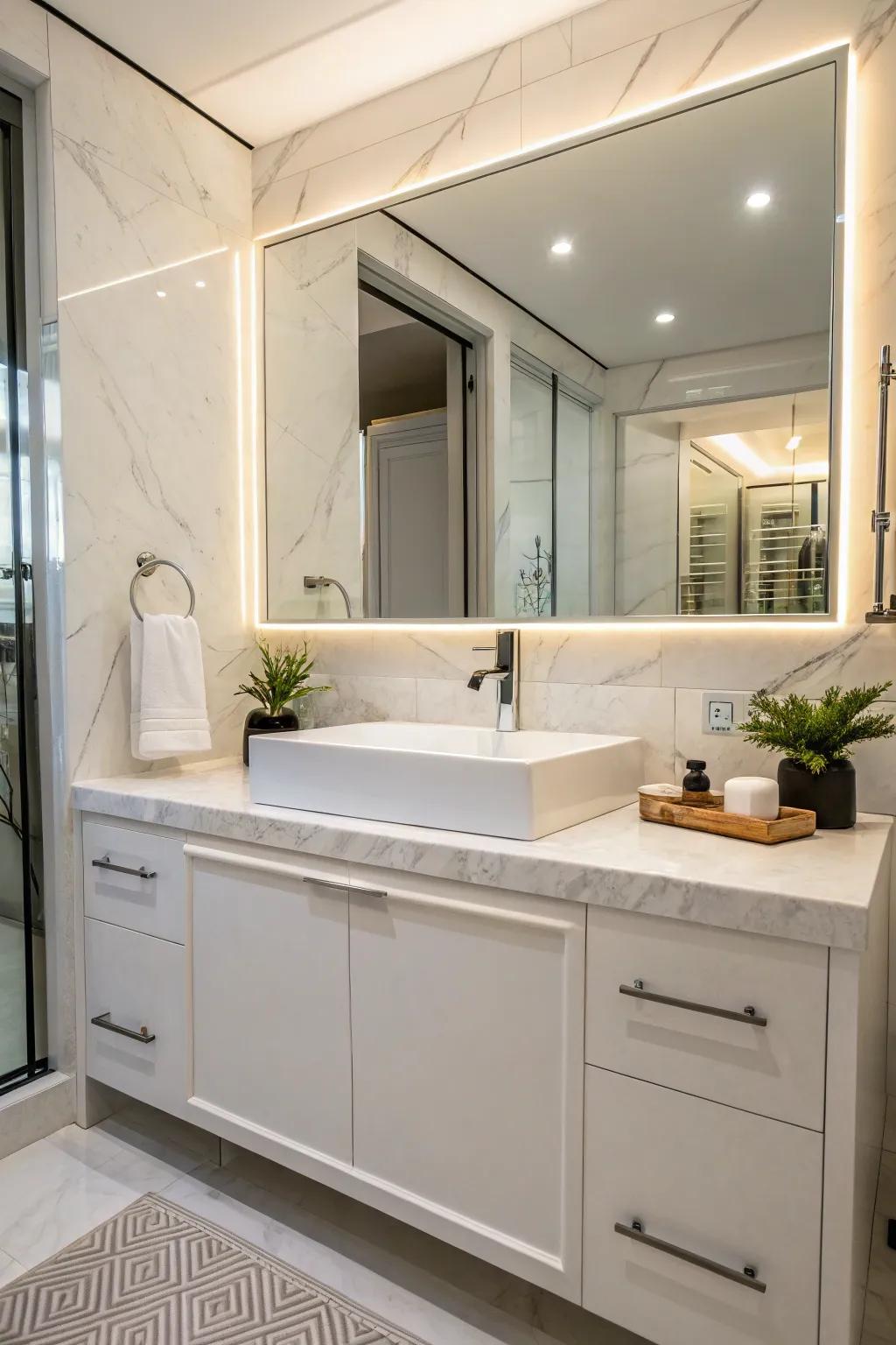 Marble counter surfaces bring sophistication to any bathroom.