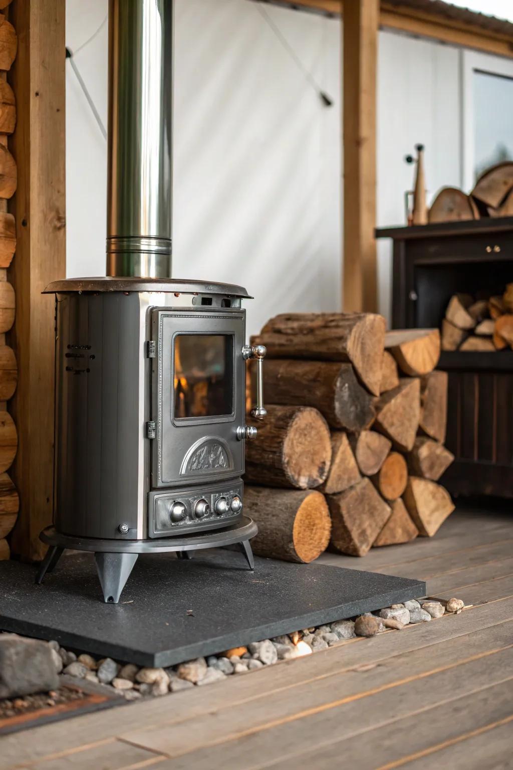A perfect mix of modern and rustic with a sleek wood heater and wooden details.