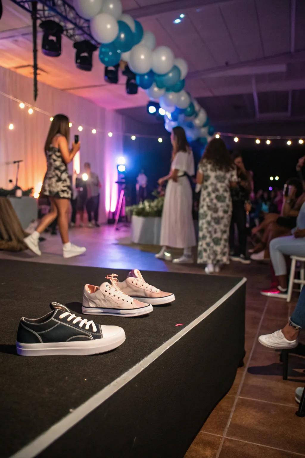 Guests exhibiting their sneakers on a fashionable catwalk.