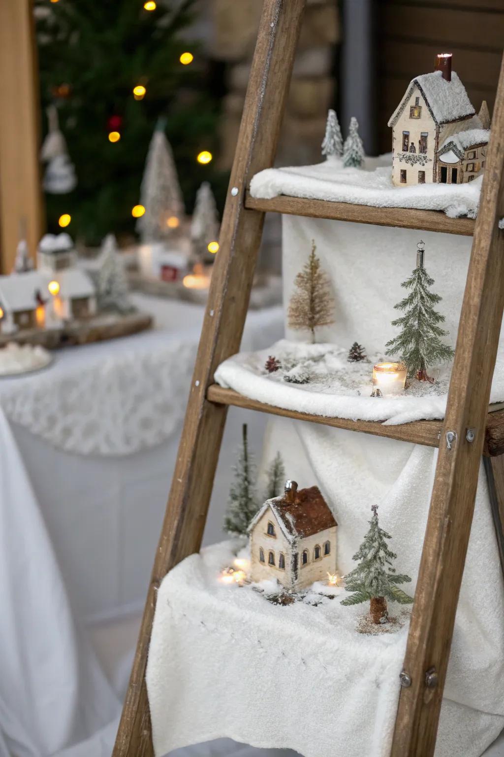 A rustic ladder provides a distinctive multi-tiered display for your village.