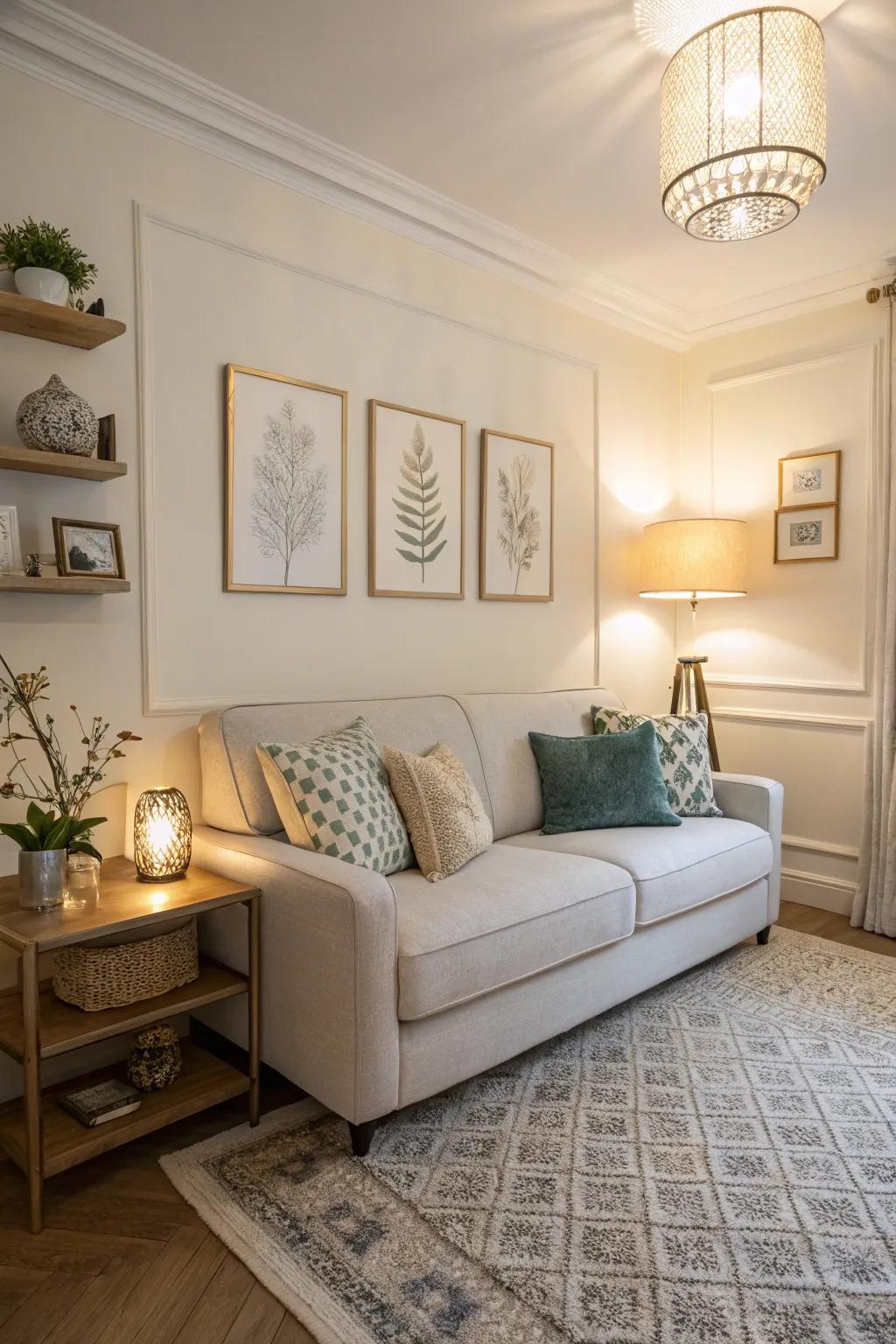 A thin-armed sofa enhances the spaciousness of a compact living area.
