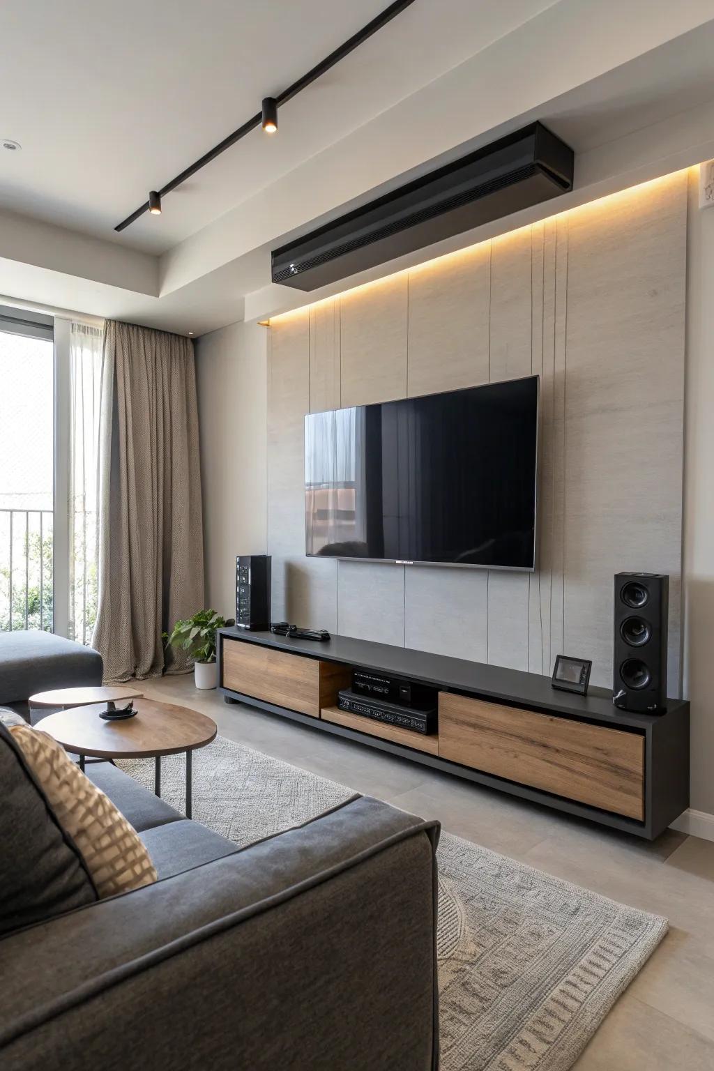 Audio bar hanging from a TV mounted on the wall for a unique design.