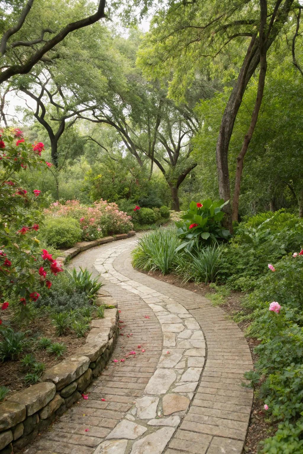 A gracefully curving stone path nestled within a thriving garden landscape.