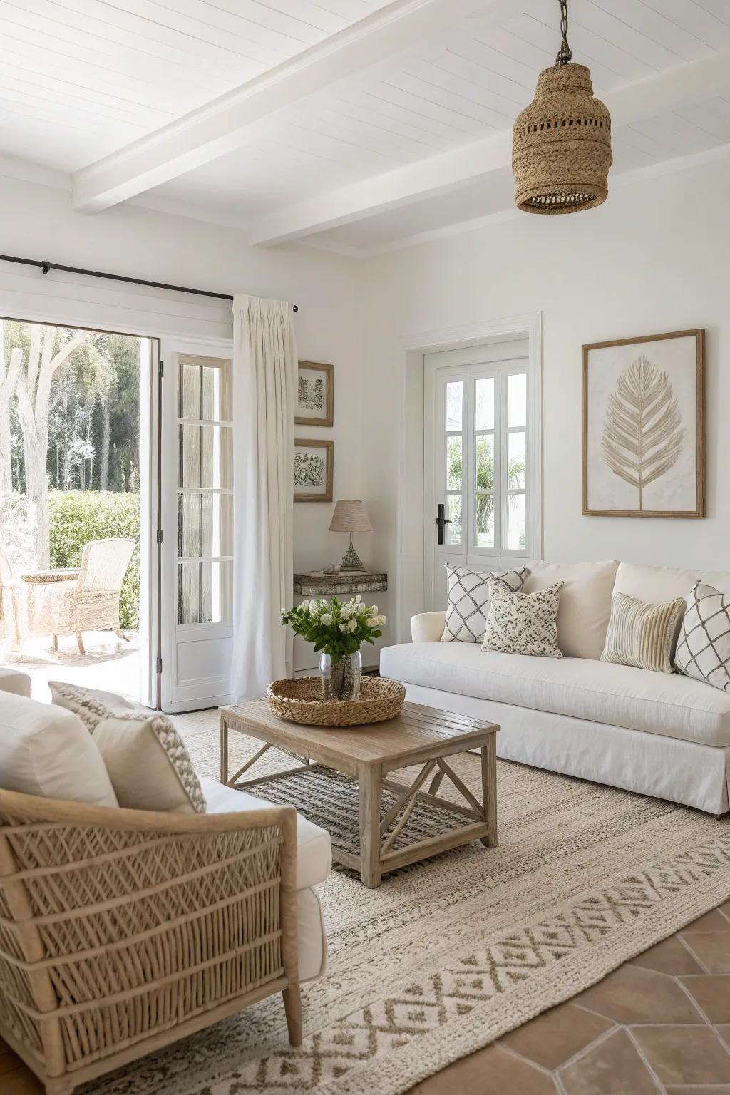 A serene and pale Southern space that accentuates its decorations.