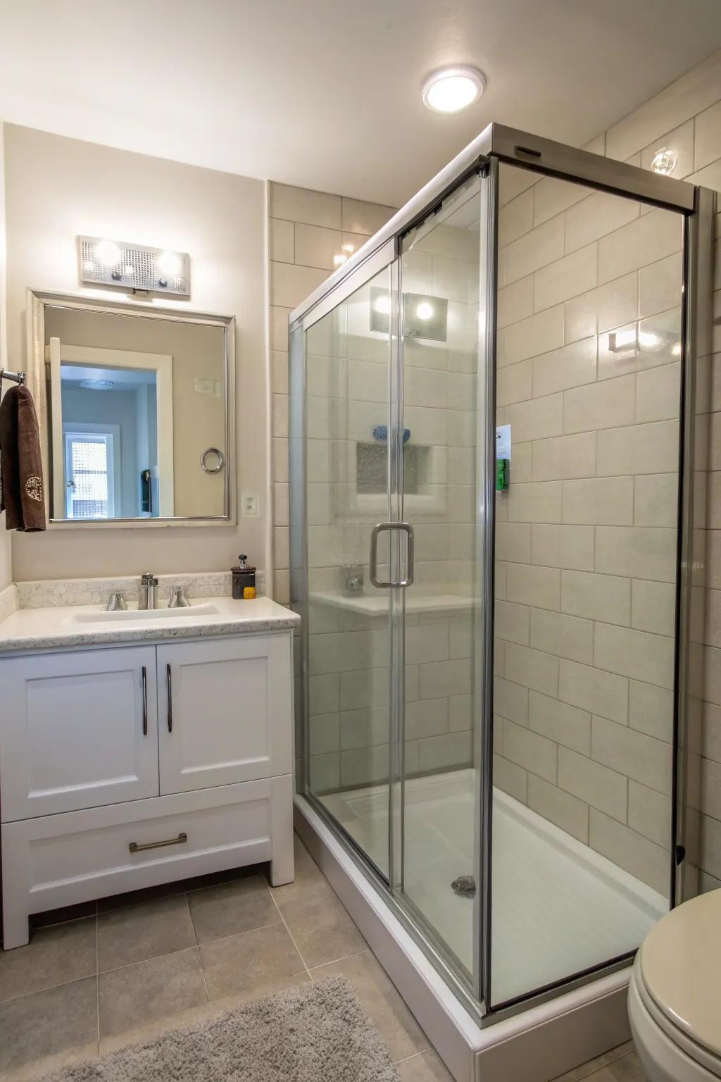 A luxurious walk-in shower that saves room in a compact bathroom.
