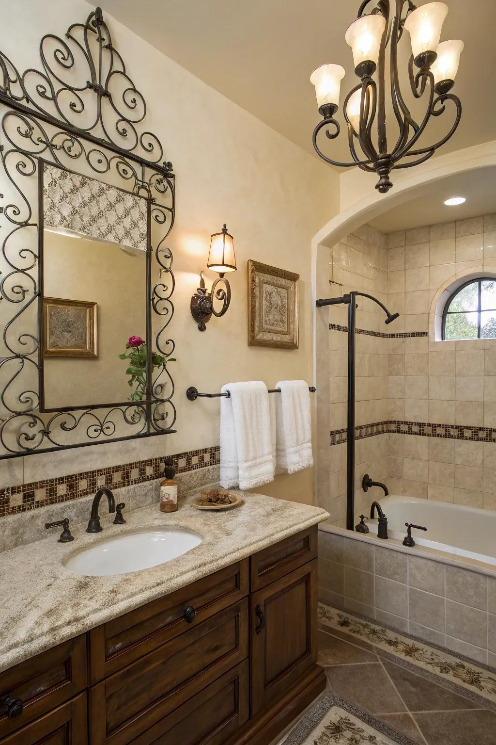 Fashioned iron elements infuse antique refinement into the area.