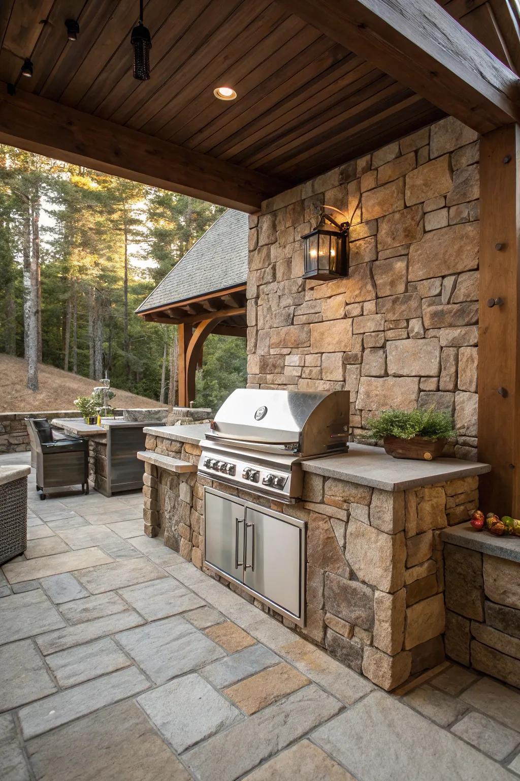A built-in grill takes center stage in this rustic outdoor kitchen arrangement.